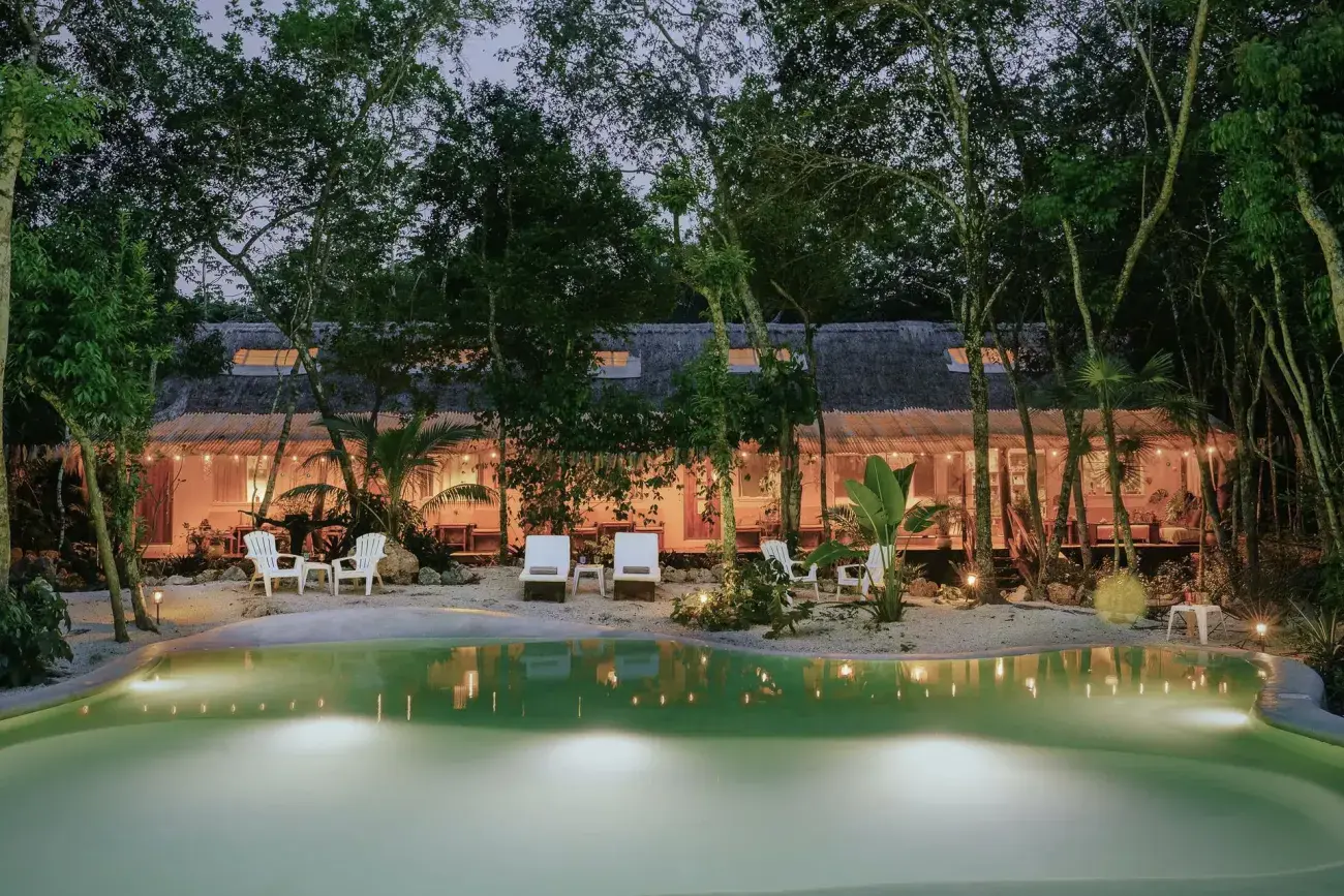 Aerial view of Casa Arkaana — five acres of jungle sanctuary