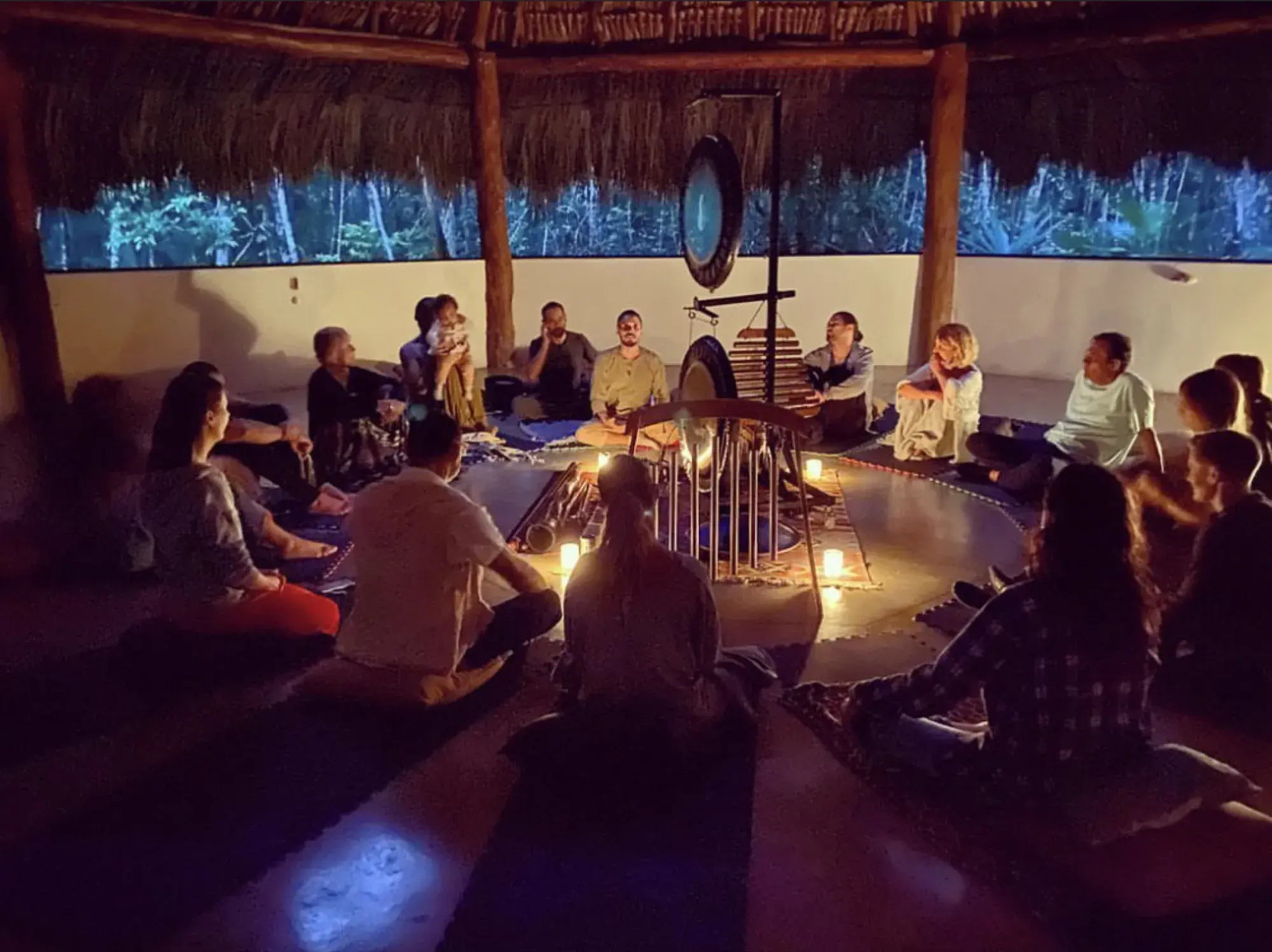 Sound bath ceremony inside the temple at Casa Arkaana